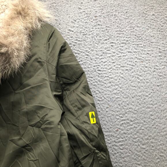 Theory Puffer Down Parka Military Coat Mens Medium Full Zip Coyote Fur Trim Hood - Picture 11 of 12